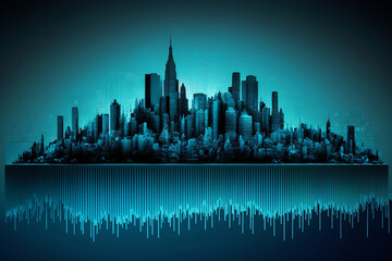 Blue histogram city in the blue background. The blue city with technology. Generative AI.