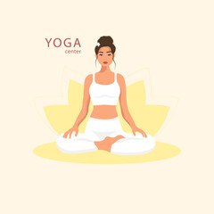 Female cartoon character sitting in lotus posture and meditating. Girl with crossed legs. Colorful flat vector illustration with plants. Faceless poster of young pretty woman for yoga center.