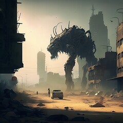 landscape in the city, a survived man standing besides his car and the monster who destructed the city in game  
