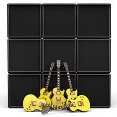 Set of electric acoustic guitar and amplifier on white background.