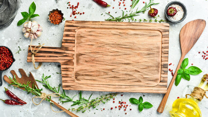 Cooking banner. Background with spices and vegetables. Top view. Free space for your text.