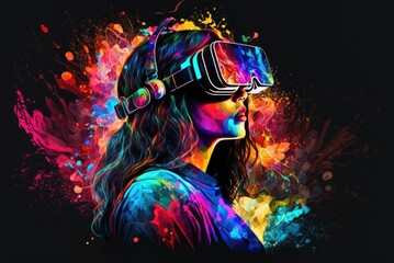 Obraz na płótnie Canvas Abstract colorful illustration of a woman wearing a VR headset in metaverse. AI generative
