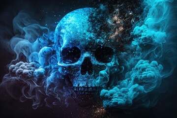 Blue smoke with skull in smoke and shiny glitter particles abstract background, ai