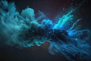 Blue smoke with shiny glitter particles abstract background, ai
