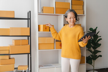 Fototapeta na wymiar Asian elderly older female mature woman fashion designer sme business owner with product package box at warehouse, merchant seller checking customer address order confirming parcel delivery.