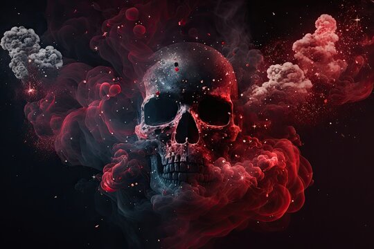 Red smoke with skull in smoke and shiny glitter particles abstract background, ai