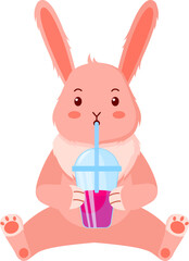 Cute pink rabbit with a milkshake.