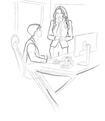 Man and woman working together on a project. Internship, mentor or colleagues Vector line art