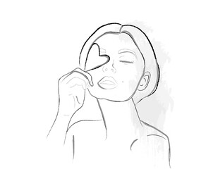 Woman holding a heart vector line art. Attractive girl valentines day icon