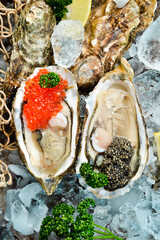 Open oysters with caviar on ice. Healthy food, gourmet food, restaurant food. Top view.
