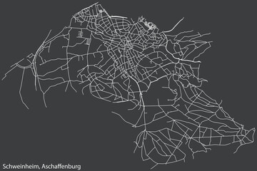 Detailed navigation black lines urban street roads map of the SCHWEINHEIM BOROUGH of the German town of ASCHAFFENBURG, Germany on vintage beige background
