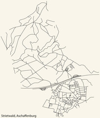 Detailed navigation black lines urban street roads map of the STRIETWALD BOROUGH of the German town of ASCHAFFENBURG, Germany on vintage beige background