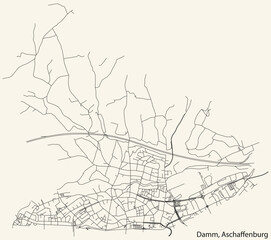 Detailed navigation black lines urban street roads map of the DAMM BOROUGH of the German town of ASCHAFFENBURG, Germany on vintage beige background