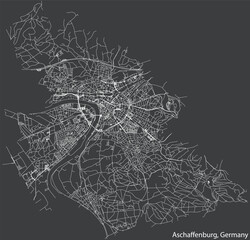 Detailed negative navigation white lines urban street roads map of the German town of ASCHAFFENBURG, GERMANY on dark gray background