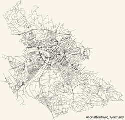 Detailed navigation black lines urban street roads map of the German town of ASCHAFFENBURG, GERMANY on vintage beige background
