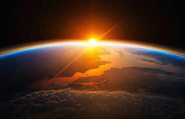 Curvature of planet Earth. Aerial view of blue planet from space. Sunrise over globe land and ocean. Generative AI