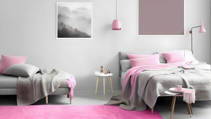 a modern bedroom with grey blankets and pink accents made using generative ai