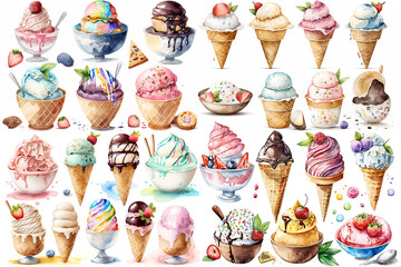 Watercolor illustration of ice cream collection on white background - AI generative - obrazy, fototapety, plakaty
