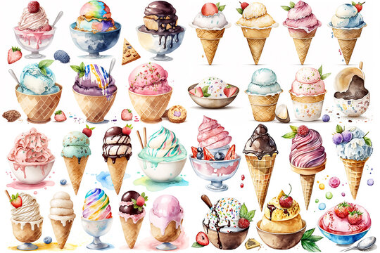 Watercolor illustration of ice cream collection on white background - AI generative