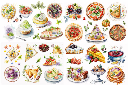 Watercolor illustration of appetizer collection on white background - AI generative
