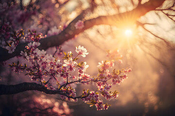 Obraz na płótnie Canvas Spring blossom background. Nature scene with blooming tree and sun flare. Spring flowers. Beautiful orchard Photography made with Generative AI