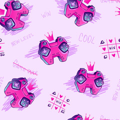 Abstract seamless pattern with Gamepad vector illustration for girl. Girlish style repeat print of game pads with crown. Gaming repeated ornament. Text game over, new level. Tic task toe sign © Kseniia Koval