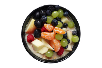 Fruit salad with porridge, healthy breakfast meal isolated on transparency png file