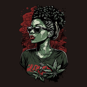 vector African American woman smoking Cigarette,wearing sunglasses , smoking weed ,fashion lifestyle,tattoo, cartoon comic,t-shirt designe