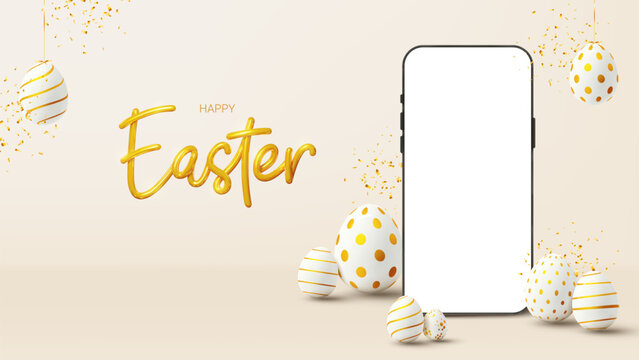 Happy Easter banner template. Vector holiday illustration with phone with blank display, decorative eggs and golden confetti. Happy Easter banner for presentation of products or goods.