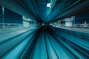 Motion blurred of train moving inside tunnel with daylight in tokyo, Japan.