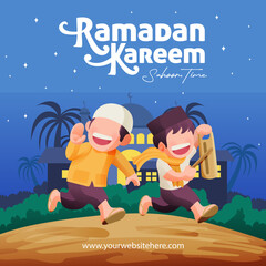 Ramadan Kareem Illustration Traditional Boy Calling People Up To Suhoor Meal Social Media Post