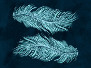 Large feathers digital painting in blue and greens. Pastel chalk artwork with dark background.