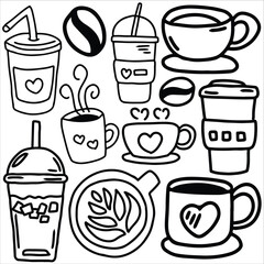 Coffee doodle icon set vector illustration, suitable for sticker pack, icon, logo and graphic design elements