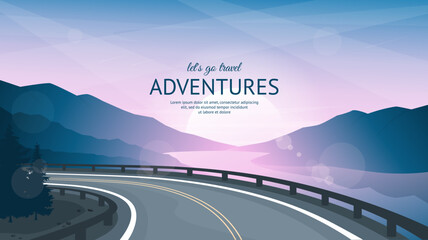 A beautiful mountain road running along the river. Asphalted road with markings. Outlines of the mountains in the evening twilight in the background. Vector illustration. © i_mARTy