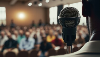 Black Businessman Speaking At A Business Conference Full of People Ai Generated