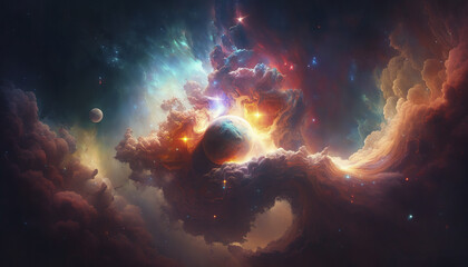 epic shot of planets and asteroids in nebulae. Generative AI - obrazy, fototapety, plakaty