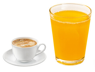 copo de suco de laranja e xícara de café expresso em fundo transparente 