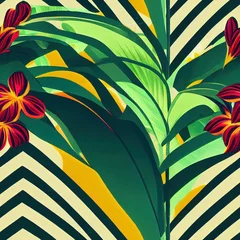 Modern exotic jungle tropical plants floral illustration pattern. Creative collage contemporary floral seamless pattern GENERATIVE AI © nishihata