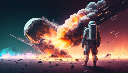 Fototapeta premium Illustration of an astronaut with a flaming, crashing aircraft&nbsp;in front of them. Generative Ai.