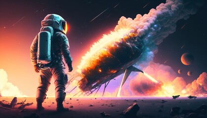 Obraz na płótnie Canvas Illustration of an astronaut with a flaming, crashing aircraft in front of them. Generative Ai.