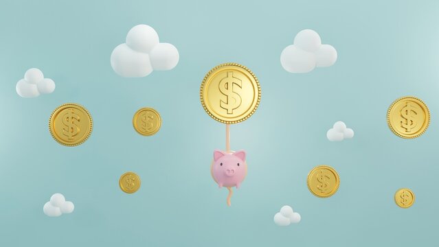 Pig floating in the cloudy sky with coin balloons