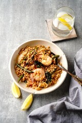 Thai basil fried rice with shrimp, selective focus