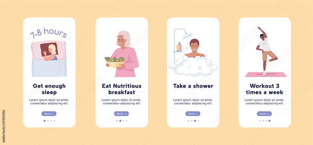 Wall mural effective morning routine onboarding mobile app screen flat template. walkthrough website 4 steps wi