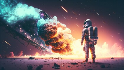 Illustration of an astronaut with a flaming, crashing aircraft in front of them. Generative Ai.