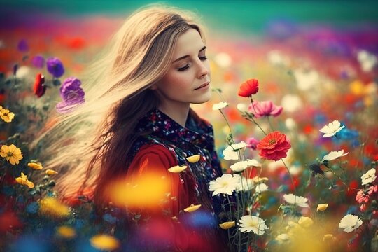 A young woman look mellow, she stand in the middle of colorful field of flowers, her yellow blonde hair is shining with sunlight at sunny day. a beautiful look and stunning image generative ai
