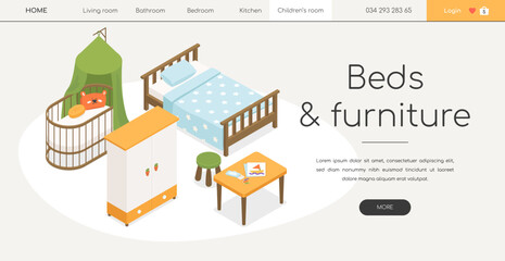 Fototapeta na wymiar Beds and furniture - line design style isometric web banner