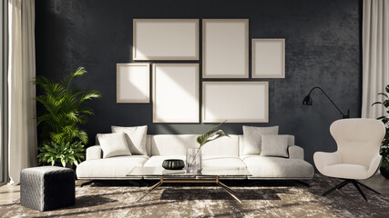 Illustration 3D rendering large luxury modern bright interiors Living room mockup computer digitally generated image