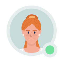 Pretty ginger haired girl flat vector avatar icon with green dot. Editable default persona for UX, UI design. Profile character picture with online status indicator. Colorful messaging app user badge