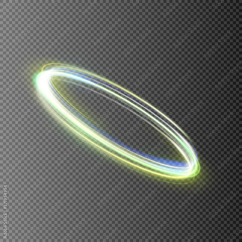 Poster abstract neon rings. a bright trail of luminous rays swirling in a fast spiral motion. light golden 