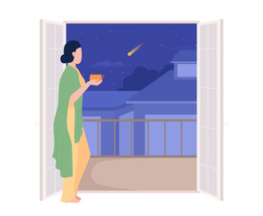 Cozy woman with cup looking out from balcony at night semi flat color vector character. Editable figure. Full body person on white. Simple cartoon style illustration for web graphic design, animation